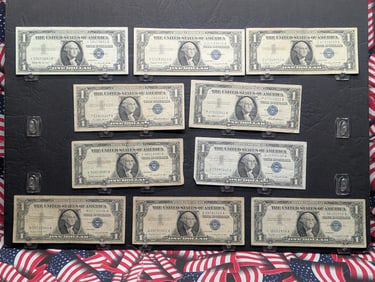 Lot of Ten Various 1957 Series One Dollar.00 Silver Certificates (2) 1957, (6) A's,(1)B, (1) B Star