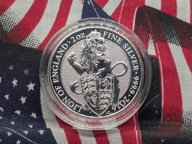 2 Oz. .9999 FINE SILVER 2016 Proof Great Britain 5 Pounds - Lion of England Designed Coin in Capsule