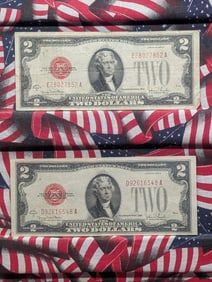 Lot of Two 1928 G Series $2.00 RED SEAL Banknotes