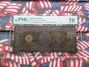 100mg 24k Gold 1928 Series $20.00 Gold Certificate Commemorative Note - PMG Cert. GEM UNC 70