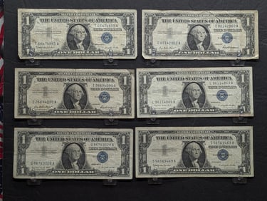 6 One Dollar Silver Certificates- (2) 1957s, (2) 57As, (2) 57 Bs