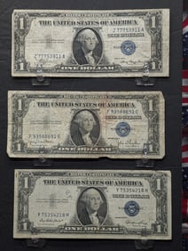 3 One Dollar Silver Certificates - (1) 1935A, (1) 1935D, (1) 35E - the 35A is off-center both