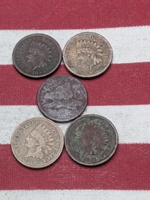 Lot of 5 Coins (1) Flying Eagle Cent & (4) Various Dated Copper Nickel Indian Head Cents