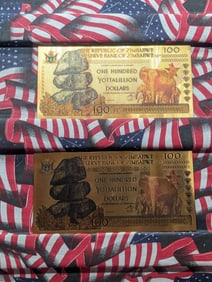 Lot of Two 24k Gold *LAYERED* 2008 Republic of Zimbabwe 100 Yottalillion Dollars Fantasy Notes