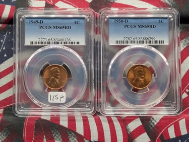 Slabbed Lincoln Wheat Cents 1949-D & 50-D, both PCGS MS65 RD