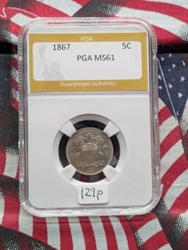 1867 Shield Nickel without Rays PGA MS 61 Very Nice Coin