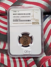 1908 Indian Head Cent Mint Error MS64 RB Obverse Lamination