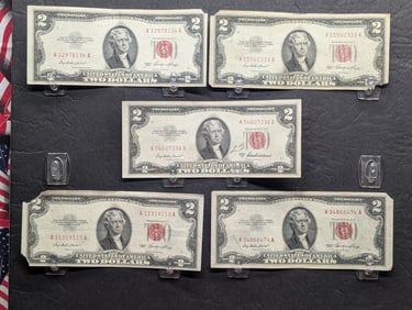 Lot of Five 1953 Series $2.00 RED SEAL Banknotes (4) 1953's & (1) 53-A