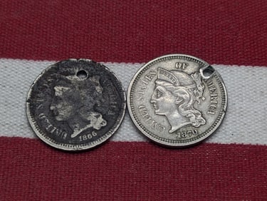 1870 & 1866 Three Cent Nickels w/Hole (2 PCS)