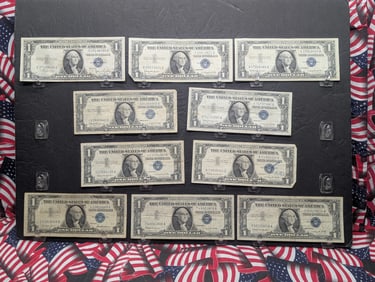 Lot of Ten Various 1957 & 1935 Series One Dollar Silver Certificates (1) 1935-C, (1) 1957, (7) 57-B,