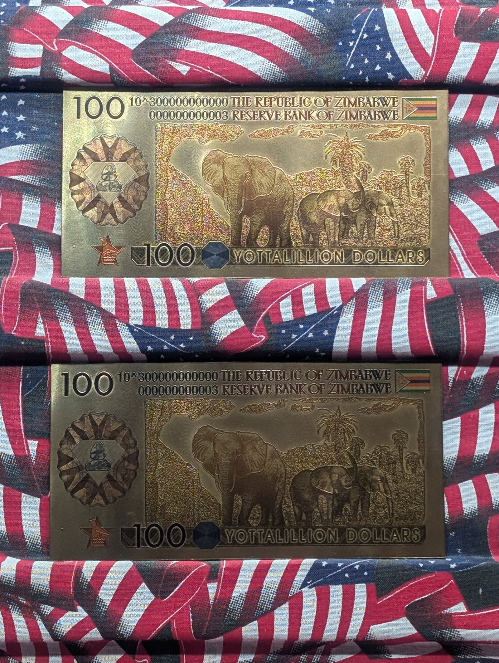 Lot of Two 24k Gold *LAYERED* 2008 Republic of Zimbabwe 100 Yottalillion Dollars Fantasy Notes (1 of 5)