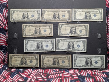 Lot of Ten Various 1957 Series One Dollar Silver Certificates (3) 1957's (3) 57-A's & (4) 57-B's