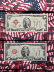 Lot of Two 1928 G Series $2.00 RED SEAL Banknotes