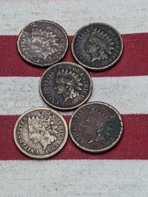 Lot of 5 Various Dated Copper Nickel Indian Head Cents