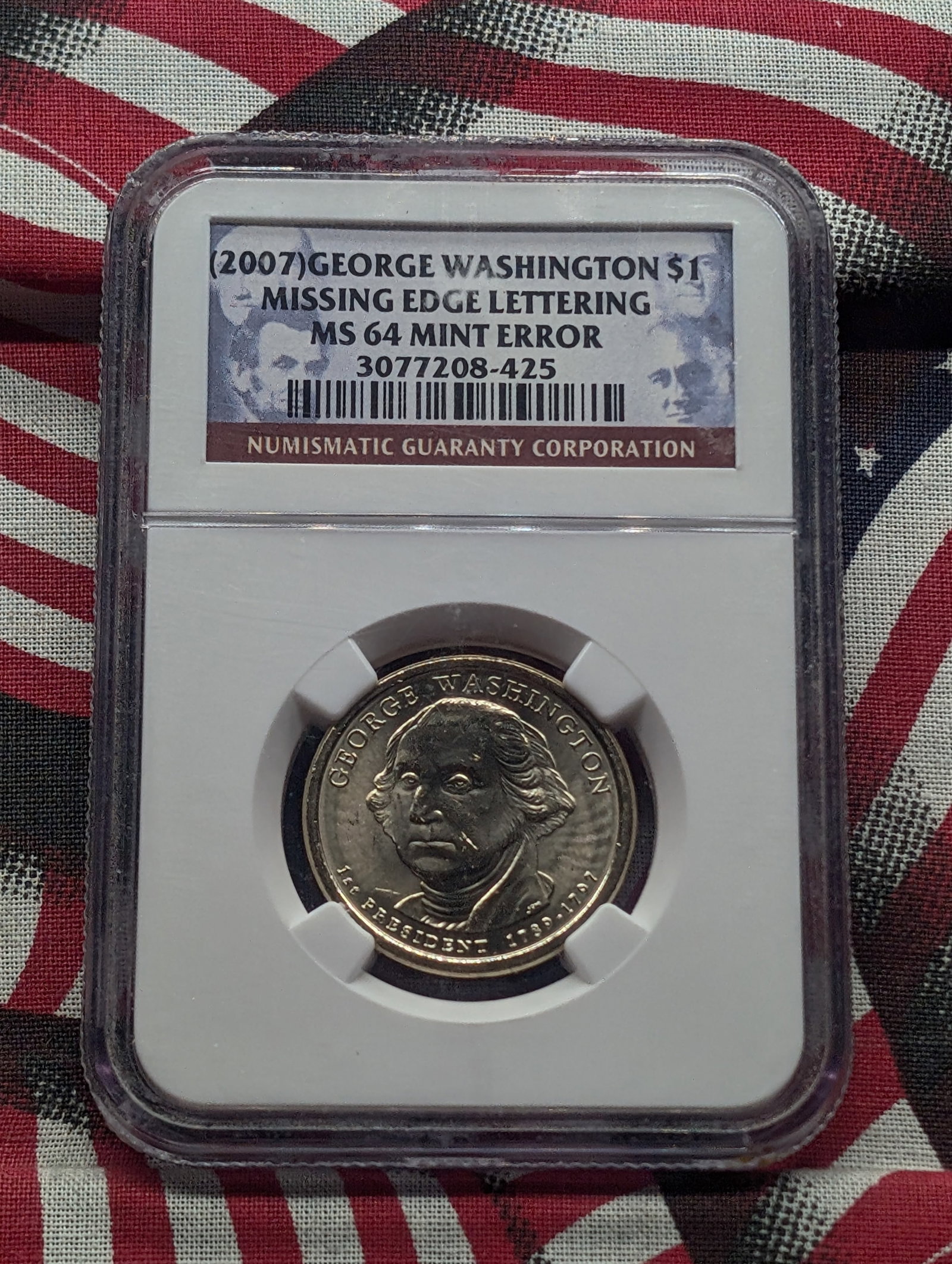 *ERROR* (2007) George Washinton Presidential Dollar w/ Missing Edge Lettering - NGC MS64 Mint Error (1 of 4)