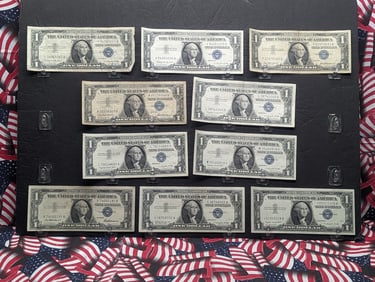 Lot of Ten Various 1957 Series One Dollar Silver Certificates, (3) 1957, (4) 57-A's, (2) 57-B's &