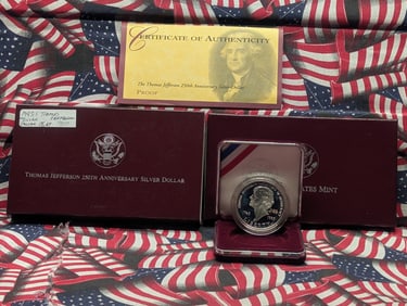 1993-S Thomas Jefferson 250th Anniversary Silver Commemorative Proof Dollar In OGP w/COA - 90%