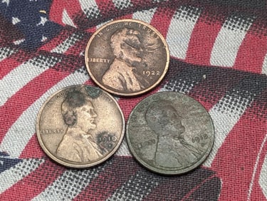 1910-S, 1912-D + 1922-D Lincoln Cents. Filler Grade.