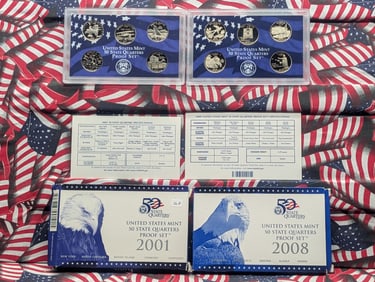 2001-S, 2008-S State Quarters Proof Sets w/original Packaging & C.O.A's! - (10 Coins)