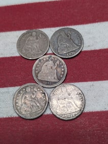 5 - Cull Seated Dimes With Dates. No Holes.