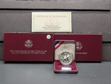1995-P Olympic Silver Dollar in OGP w/ COA, 90% Silver