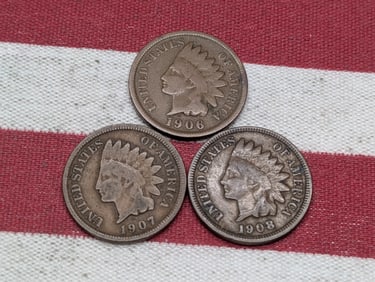 1906, 1907, & 1908 Indian Head Cents