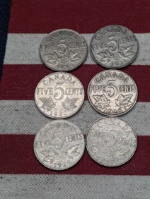 1927, (2) 1928, 1930, 1934, & 1935 Canadian Five Cents