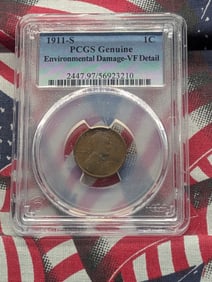 1911-S Lincoln Wheat Cent PCGS Genuine Environmental Damage VF Detail By PCGS