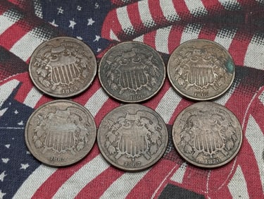 6 - Low Grade Two Cents. All With Dates.