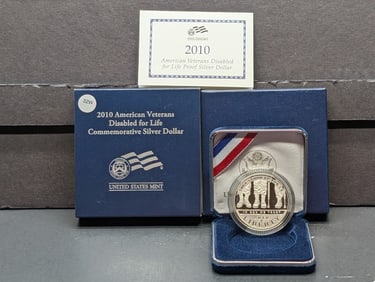 2010-W American Veterans Disabled for Life Commemorative Silver Dollar in OGP w/ COA