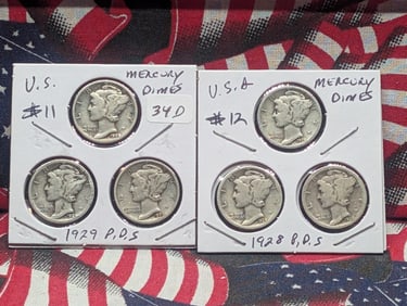 1928 P,D,S & 1929 P,D,S Silver Mercury Dimes - Complete Year Sets!