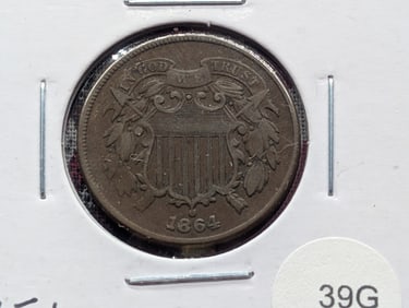 1864 US 2 Cent Piece. FULL "WE" HIGH GRADE. Tough Grade. Civil War Era
