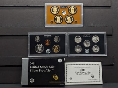 2011-S US Silver Proof Set w/COA in OGP, Contains (7) 90% Silver Coins, ATB Quarters, Presidential