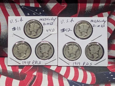 1918 P,D,S & 1919 P,D,S Silver Mercury Dimes - Complete Year Sets!