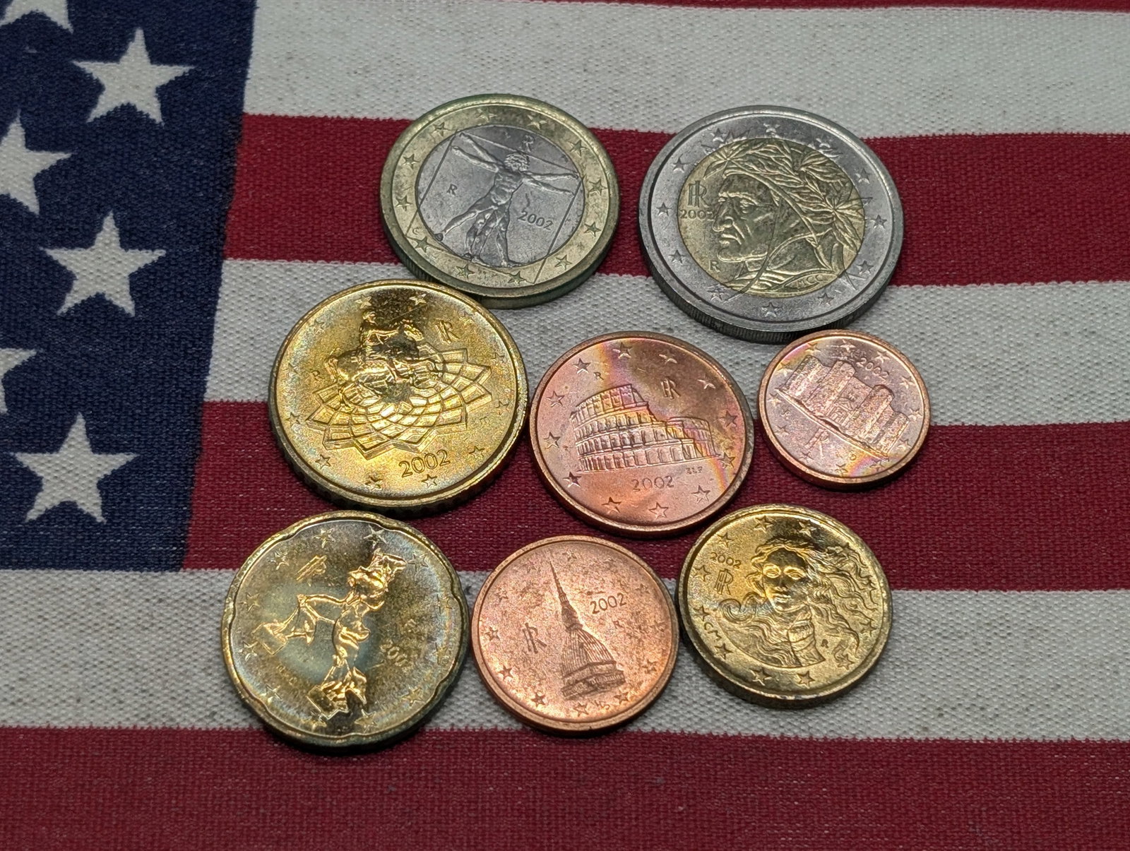 2002 Italy One, Two, Five, Ten, Twenty, & Fifty Euro Cents & One & Two Euro Coins: 2002 Italy One, Two, Five, Ten, Twenty, & Fifty Euro Cents & One & Two Euro Coins
