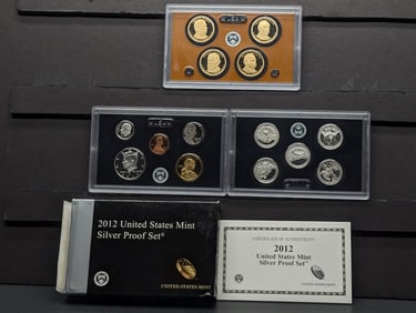 2012-S US Silver Proof Set w/COA in OGP, Contains (7) 90% Silver Coins, ATB Quarters, Presidential