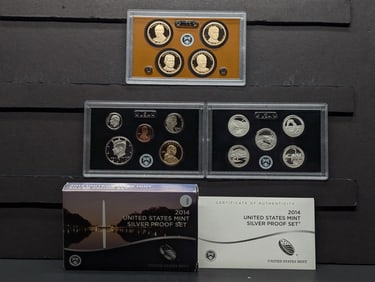 2014-S US Silver Proof Set w/COA in OGP, Contains (7) 90% Silver Coins, ATB Quarters, Presidential