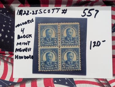 1922-25 Roosevelt Four Block Stamps, Scott # 557, Mint, Never Hinged