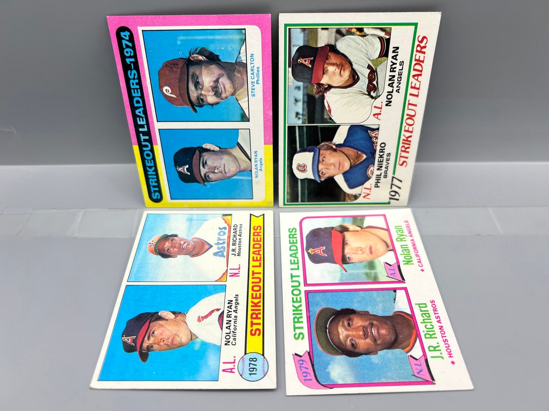 Lot of (4) 1970s & 80s Nolan Ryan Baseball Leaders Cards - Varying Conditions (1 of 2)