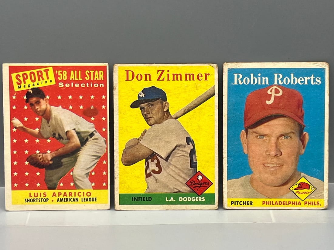 1958 Topps Luis Aparicio All Star #483, Don Zimmer #77, & Robin Roberts #90 (1 of 2)