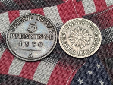 1901 Uruguay 2 Centesimos - VF & 1870-A German States Prussia 3 Pfennig (2 PCS)