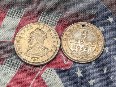 1907 Panama 1/2 Centesimo MS60 & 1943 -C Newfoundland 5 Silver Cents w/ Hole (2 PCS)