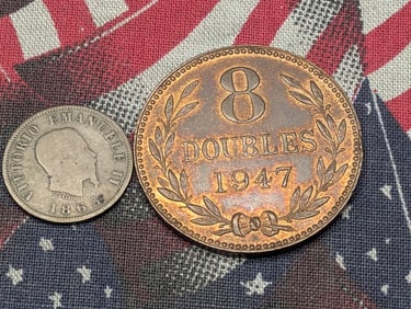 1863 Italy 50 Silver Centesim i & 1947 -H Guernsey 8 Doubles (2 PCS)