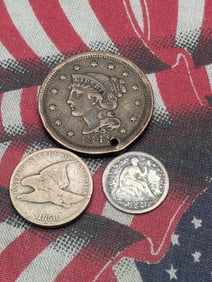 Three Various Vintage U.S. Coins, 1849 US Large Cent w/Hole, 1858 Flying Eagle Cent, 1854 Half Dime