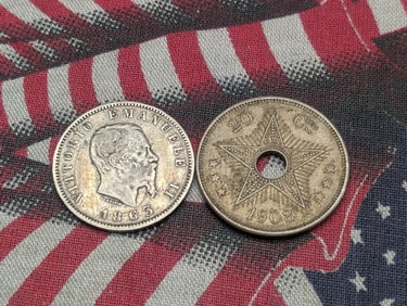 1863 Italy 1 Silver Lira & 1908 Belgian Congo 20 Centimes - XF (2 PCS)