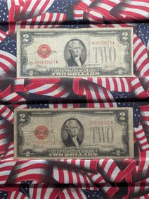 Lot of Two 1928 F&D Series $2.00 RED SEAL Banknotes