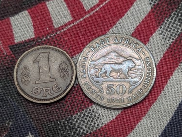 1921 British East Africa 50 Silver Cents & 1913 Denmark 1 Ore - XF (2 PCS)