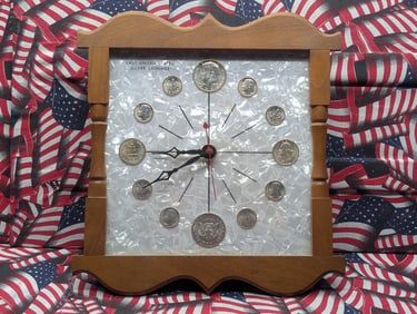 Clock With 1964 Silver Coins, (2) Kennedy Half Dollars, (2) Washington Quarters, & (8) Roosevelt