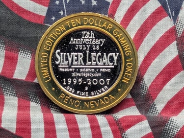 Limited Edition .999 FINE SILVER (Center) Silver Legacy Casino $10 Gaming Token in Capsule