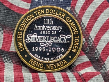 Limited Edition .999 FINE SILVER (Center) Silver Legacy Casino $10 Gaming Token in Capsule
